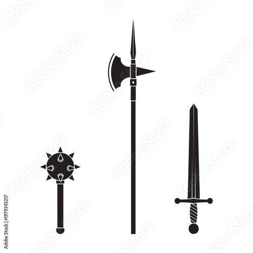 Feudal European Weapons Icons Halberd Mace Arming Sword Silhouette Vector