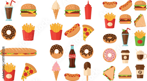 Comprehensive collection of fast food flat vector icons including burgers pizza donuts french fries hot dogs sandwiches ice cream and assorted drinks for restaurant menus.