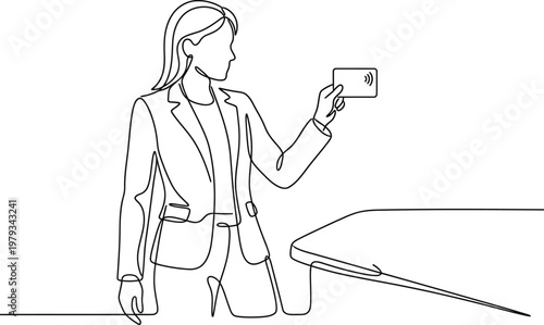 Female Professional Holding Credit Card for Payment Continuous One Line Drawing
