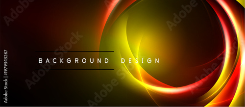 Abstract design features glowing curves, vibrant colors. Dark background emphasizes bright circular elements, creating dynamic visual effect.