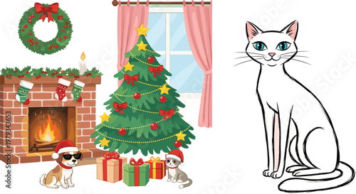 Cozy Christmas living room scene vector with decorated tree fireplace gifts and cute pets plus a separate elegant white cat illustration for holiday greeting cards.