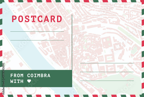 From Coimbra postal card template. Vector postcard illustration with Portugal city downtown map, scheme, urban plan. Simple flat greetings image layout