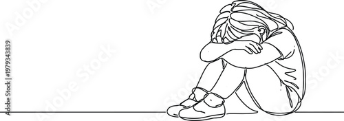Depressed girl sitting on the floor with continuous line drawing style. Minimalist black linear sketch isolated on white background. Vector illustration 
