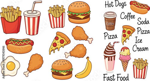 Hand drawn fast food vector set featuring burger pizza hot dog fried chicken french fries coffee and ice cream for restaurant cafe menu design.