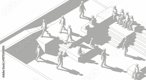 People interacting on staircase and landing with shadows cast