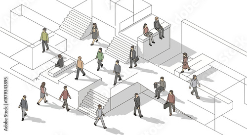 People move up and down stairs in a large building with multiple levels and various individuals walking around.