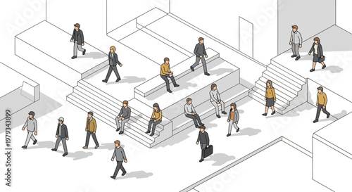 People walking up and down multiple levels of stairs in a large building