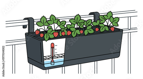 Balcony Planter Box with Strawberry Plants and Green Foliage.