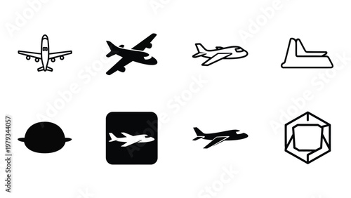 A collection of minimalist black and white line icons depicting various modes of transportation and geometric shapes high quality professional detailed
