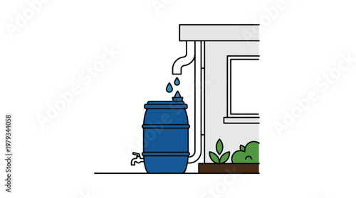 Blue rain barrel under faucet near plant.