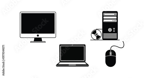 Computer setup including monitor laptop and peripherals a black silhouette