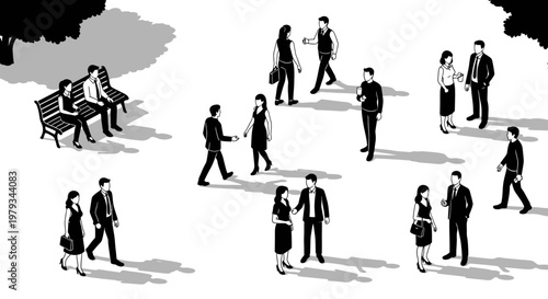 Business people walking and sitting in a park with diverse actions