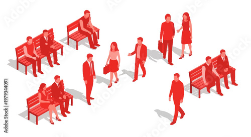 People sitting and standing on benches in a public area with colleagues interacting