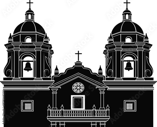 Historic Basilica of San Francisco Lima Peru Silhouette Featuring Twin Bell Towers and Baroque Architecture Isolated on White Background for Design