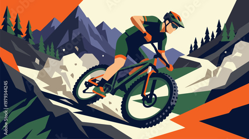 Cyclist On Mountain Bike In Action.
