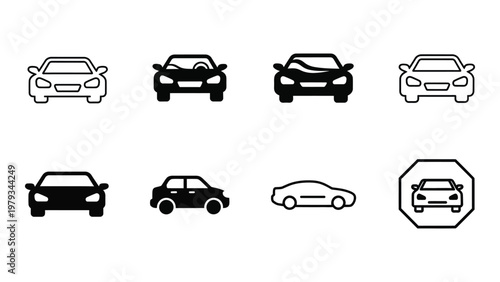 A collection of eight black and white line art icons depicting various frontal views of automobiles and a stop sign