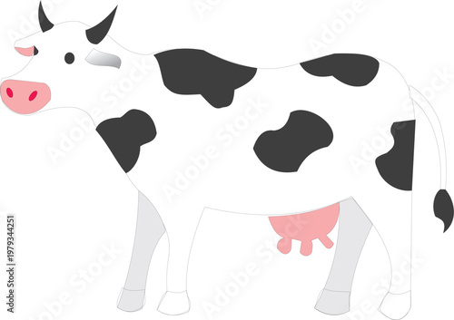 Cartoon illustration of a Holstein cow with a white body and distinct black spots. The cow has a pink udder, pink nose, and small pink inside the ears.