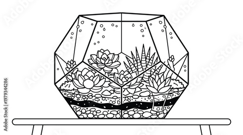 Geometric Glass Terrarium With Succulent Plants.
