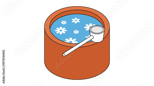 Orange bucket with ice water and ladle.