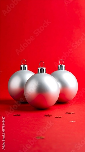 Three silver Christmas ornaments on a bright red background, with glitter