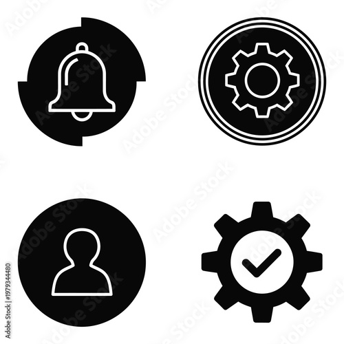 Black and white icons of settings and user notifications on white background icon