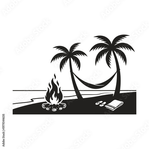 Hilltop bonfire with telescope and stars silhouette