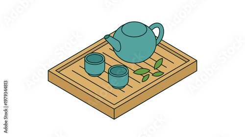 Tea set with teapot and cups on wooden tray.