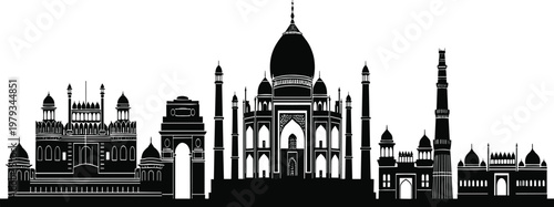 India Skyline Silhouette Featuring Taj Mahal, India Gate, Qutub Minar, and Red Fort, Vector Illustration for Travel and Cultural Tourism Designs