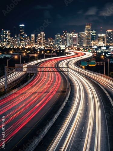 Highway with light trails from moving cars and city skyline at night with motion blur long exposure. Urban traffic and transportation concept. 