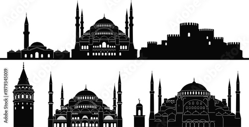Bild auf Leinwand Istanbul City Skyline Silhouette Featuring Hagia Sophia Blue Mosque Galata Tower
