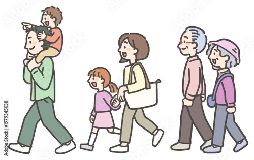 お出かけする三世代家族