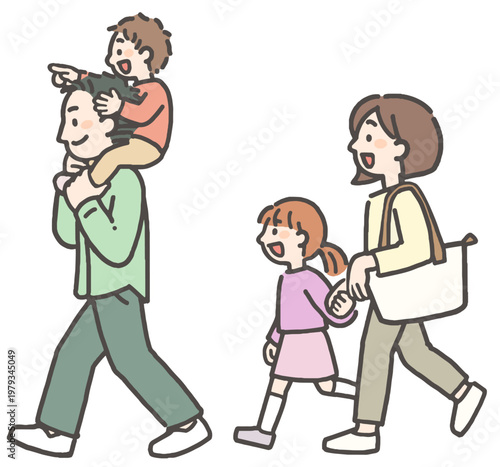 お出かけをする若い両親と子どもたちの4人家族