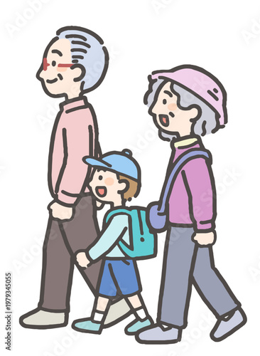 お出かけをする幼い子ども（孫）と歩くシニア層の男性と女性