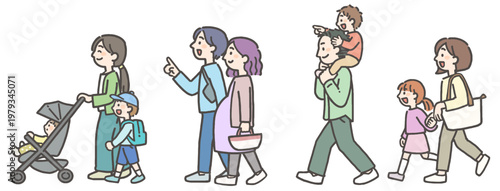 横向きに歩いてお出かけする若い世代のファミリー・家族のセット