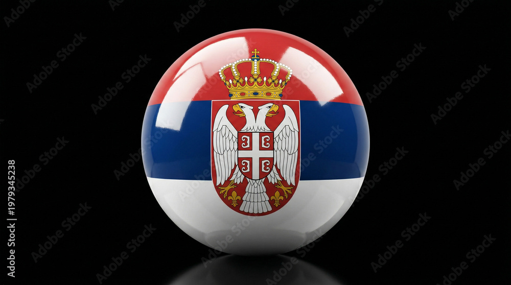 Naklejka premium Detailed 3D ball featuring the serbian national flag with horizontal red blue and white stripes and the official coat of arms with a double-headed eagle and crown national belgrade european