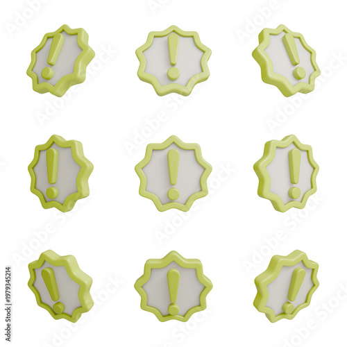 Pale Lime Star Burst Exclamation Mark 3D Icon Badge, Minimalist Alert Sign for Interface Design.
