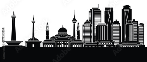 Jakarta city skyline silhouette featuring Monas monument and Istiqlal Mosque, Indonesian landmark panorama isolated on white background, southeast asia.