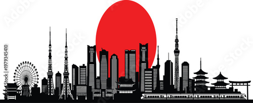 Japan city skyline silhouette with red sun and famous Tokyo landmarks including Tokyo Tower and Skytree for travel and tourism