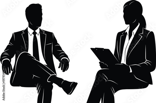 Job interview silhouette set, business man and woman talking, recruiter with clipboard, professional meeting, human resources icon on white background