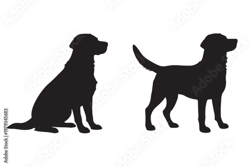 Labrador Retriever silhouettes in sitting and standing poses, black dog vector set, golden retriever profile icons for pet branding