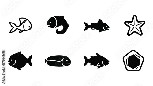 A collection of simple black silhouette icons depicting various fish species and a starfish plus a hexagon high quality professional detailed