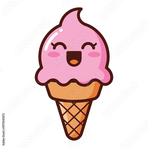 Cartoon pink ice cream cone with smiling face and winking eyes on white icon
