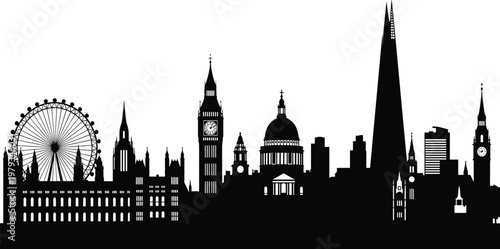 London City Skyline Silhouette Featuring Big Ben London Eye St Pauls Cathedral and Shard Landmarks Isolated on White Background for Design