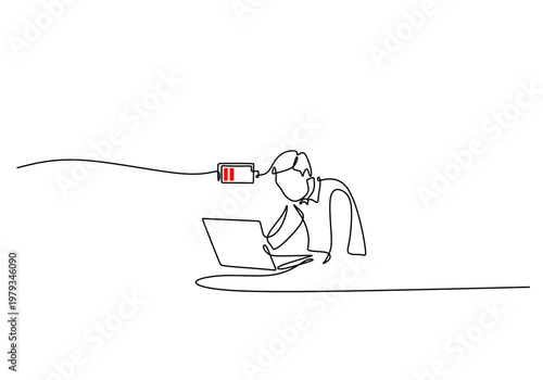 exhausted man sleeping on laptop with low battery symbol single line art minimalist concept