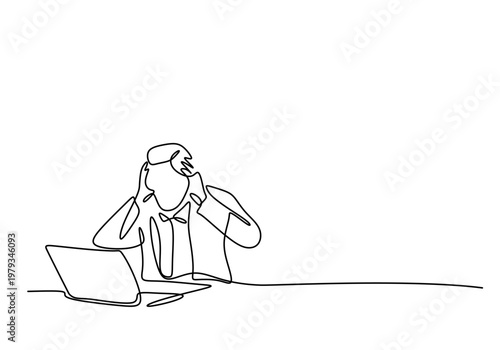 frustrated man at desk holding head continuous one line drawing abstract concept