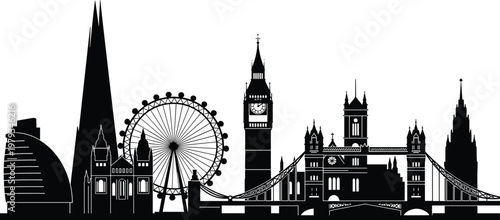 London United Kingdom Skyline Silhouette Featuring The Shard Big Ben Tower Bridge London Eye and Palace of Westminster Urban Architecture Graphic,