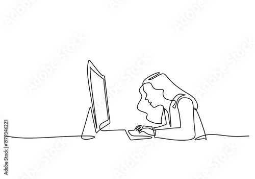 Cuadro en lienzo hunched woman typing on computer continuous one line drawing minimalist concept