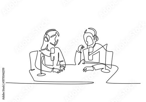 Podcast hosts wearing headsets talking at microphones. continuous one line drawing abstract