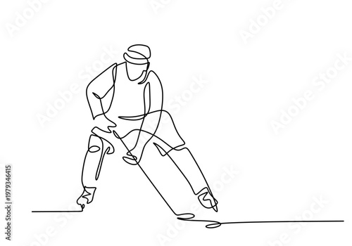 ice hockey player defensive stance, continuous one line drawing minimalist icon concept.