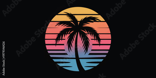 Miami Vice Inspired Neon Sunset and Palm Silhouette